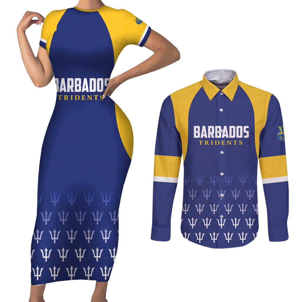 Custom Barbados Tridents Cricket Couples Matching Short Sleeve Bodycon Dress and Long Sleeve Button Shirt Go Champions - Wonder Print Shop