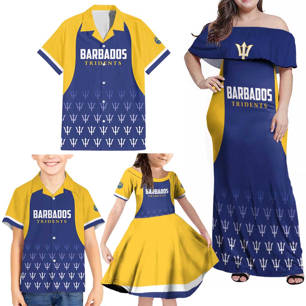 Custom Barbados Tridents Cricket Family Matching Off Shoulder Maxi Dress and Hawaiian Shirt Go Champions - Wonder Print Shop