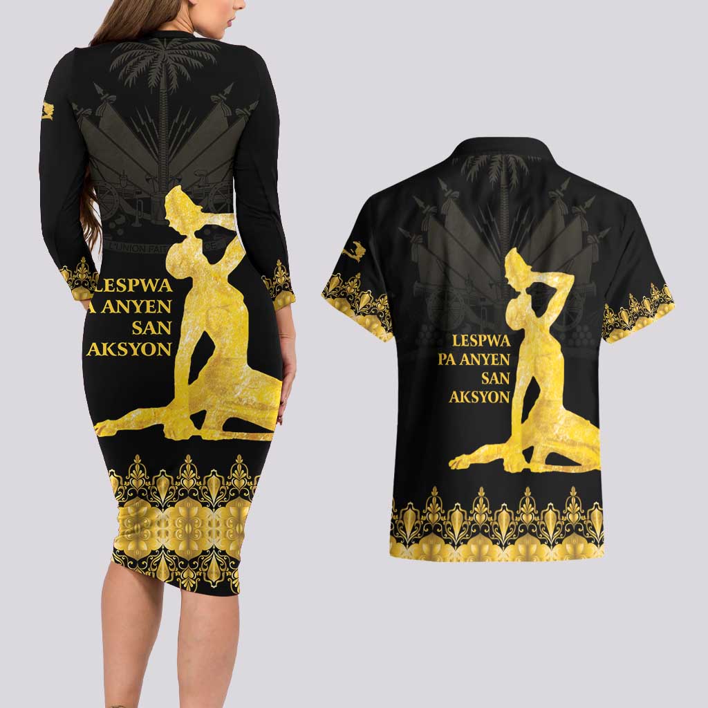 Haiti Neg Marron Gold Couples Matching Long Sleeve Bodycon Dress and Hawaiian Shirt Lespwa pa anyen san aksyon - Wonder Print Shop