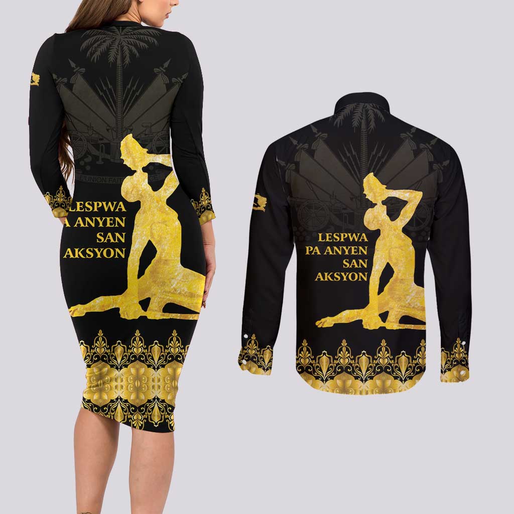 Haiti Neg Marron Gold Couples Matching Long Sleeve Bodycon Dress and Long Sleeve Button Shirt Lespwa pa anyen san aksyon - Wonder Print Shop