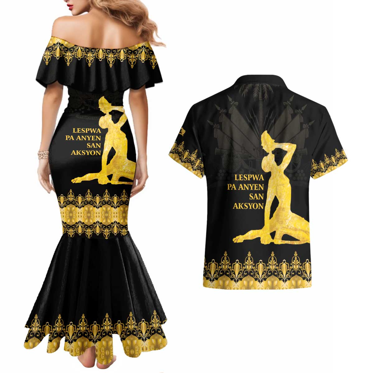 Haiti Neg Marron Gold Couples Matching Mermaid Dress and Hawaiian Shirt Lespwa pa anyen san aksyon - Wonder Print Shop