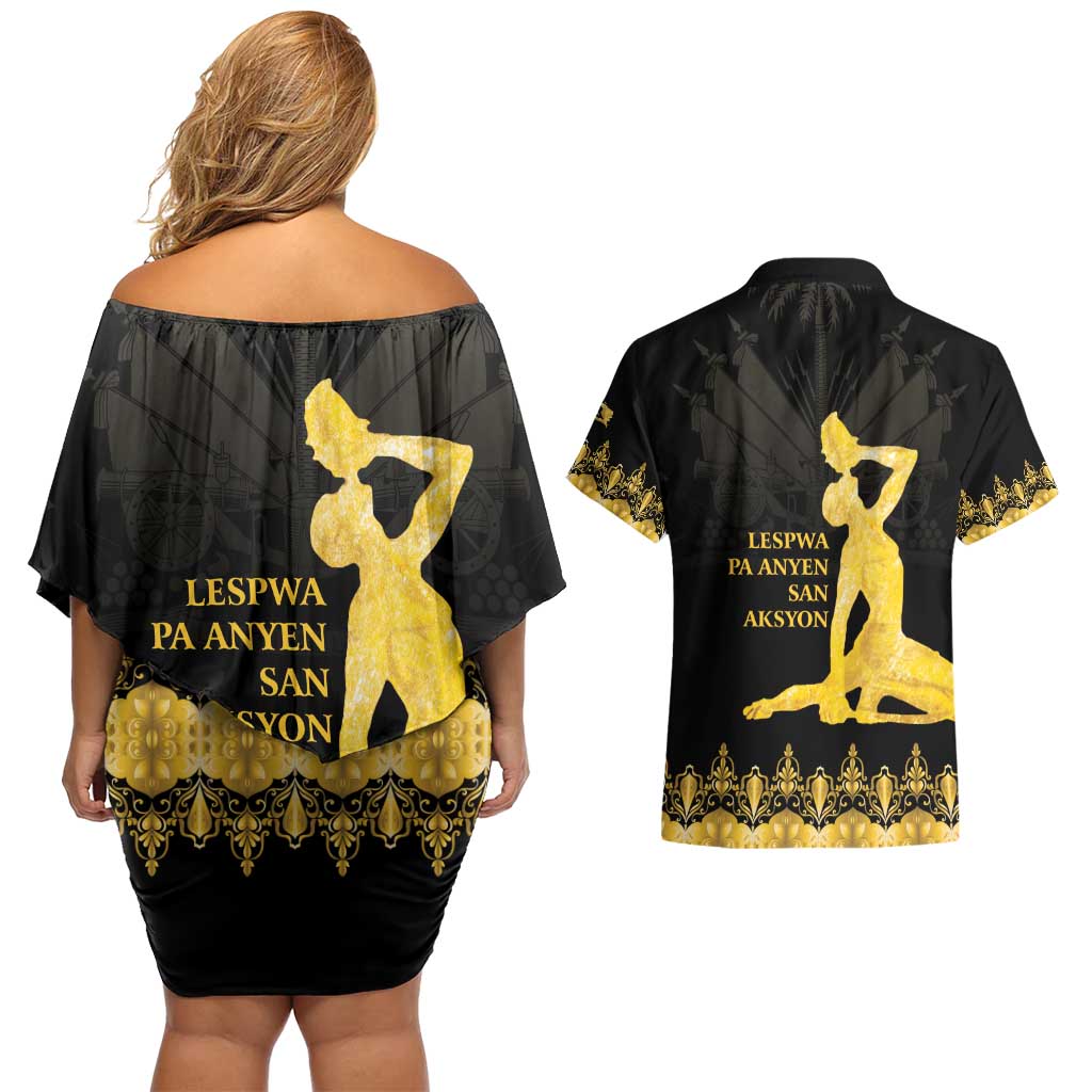 Haiti Neg Marron Gold Couples Matching Off Shoulder Short Dress and Hawaiian Shirt Lespwa pa anyen san aksyon - Wonder Print Shop