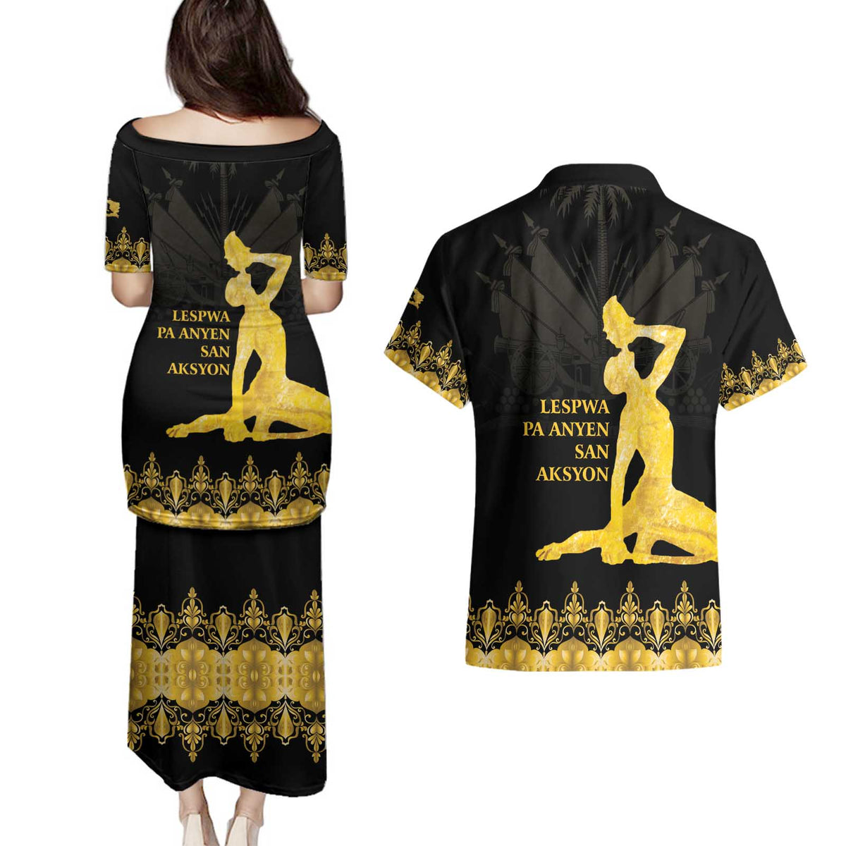 Haiti Neg Marron Gold Couples Matching Puletasi and Hawaiian Shirt Lespwa pa anyen san aksyon - Wonder Print Shop
