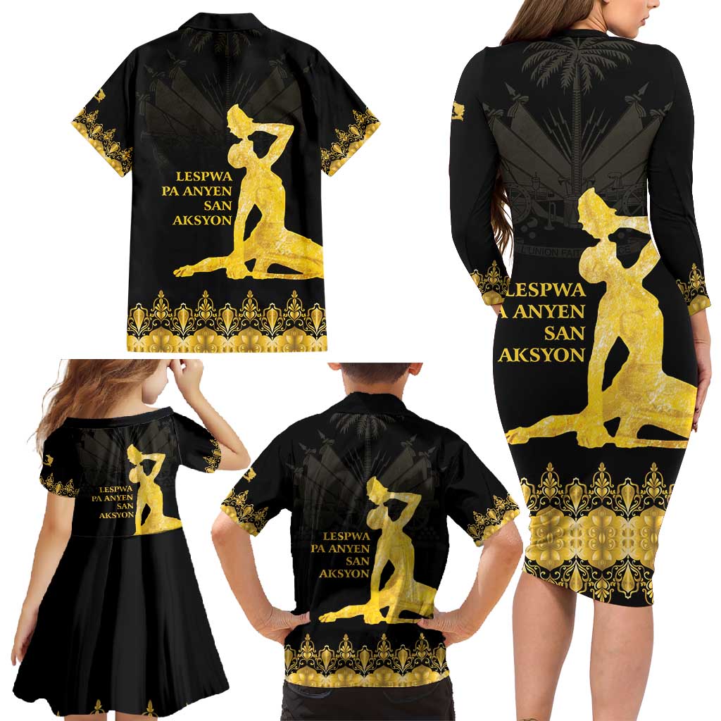 Haiti Neg Marron Gold Family Matching Long Sleeve Bodycon Dress and Hawaiian Shirt Lespwa pa anyen san aksyon - Wonder Print Shop