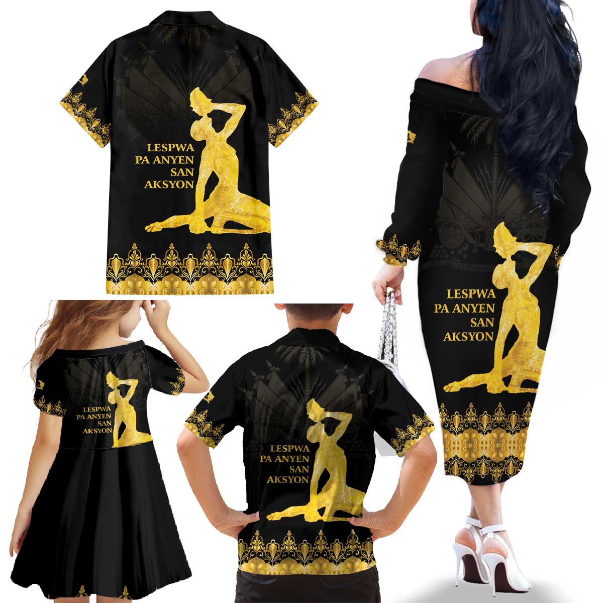 Haiti Neg Marron Gold Family Matching Off The Shoulder Long Sleeve Dress and Hawaiian Shirt Lespwa pa anyen san aksyon - Wonder Print Shop