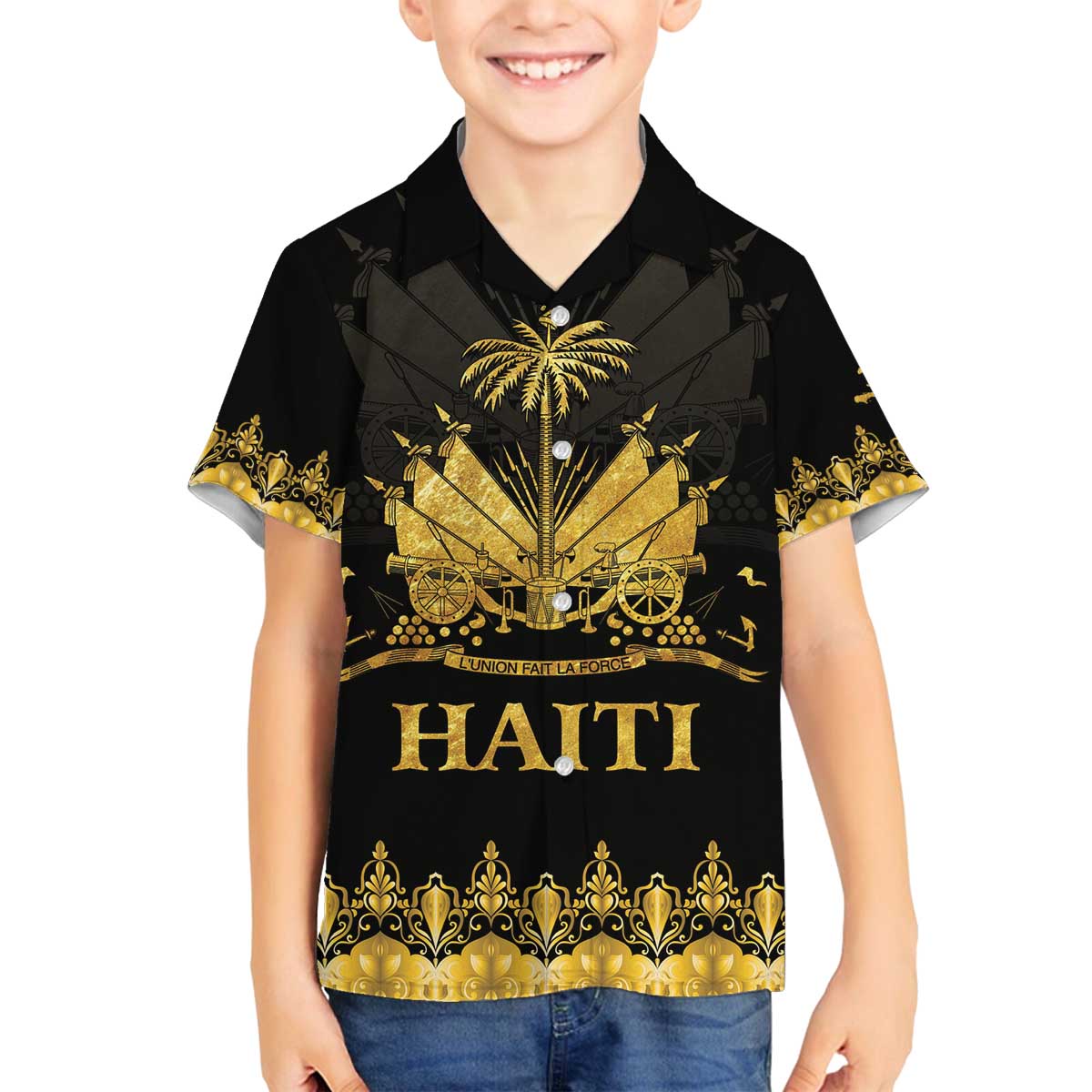Haiti Neg Marron Gold Family Matching Off The Shoulder Long Sleeve Dress and Hawaiian Shirt Lespwa pa anyen san aksyon - Wonder Print Shop