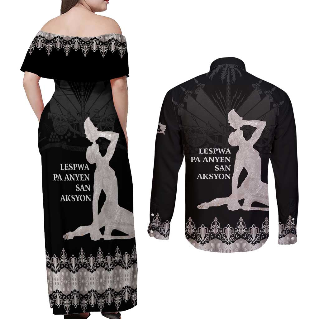 Haiti Neg Marron Silver Couples Matching Off Shoulder Maxi Dress and Long Sleeve Button Shirt Hope is Nothing Without Action - Wonder Print Shop