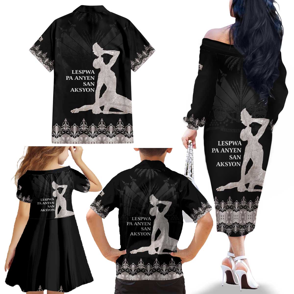 Haiti Neg Marron Silver Family Matching Off The Shoulder Long Sleeve Dress and Hawaiian Shirt Hope is Nothing Without Action - Wonder Print Shop