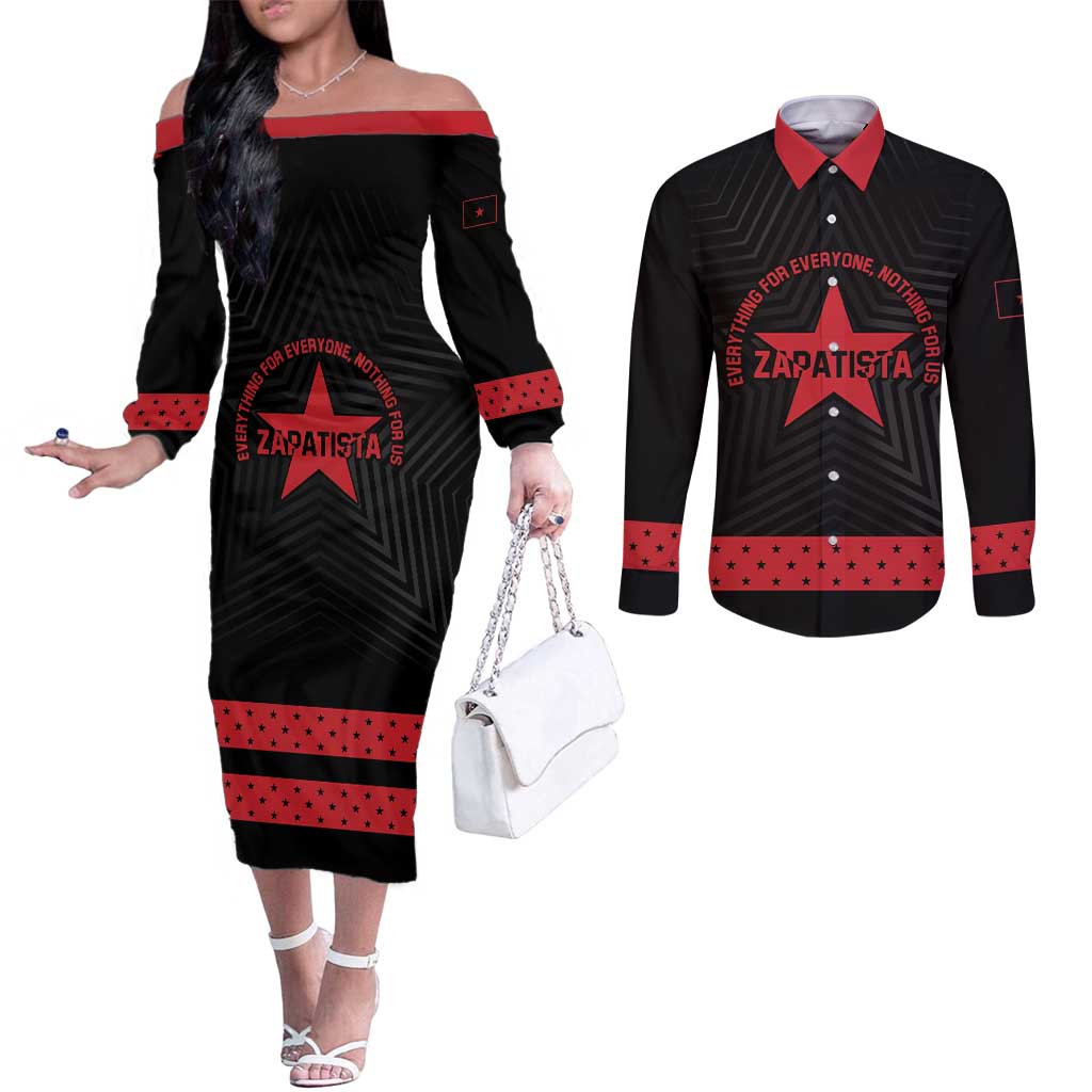 Personalized Zapatista Territories Couples Matching Off The Shoulder Long Sleeve Dress and Long Sleeve Button Shirt EZLN Everything For Everyone Nothing For Us - Wonder Print Shop
