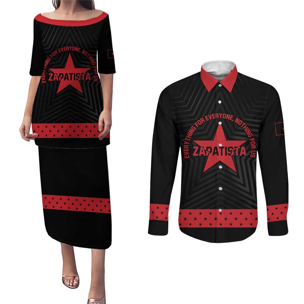 Personalized Zapatista Territories Couples Matching Puletasi and Long Sleeve Button Shirt EZLN Everything For Everyone Nothing For Us - Wonder Print Shop