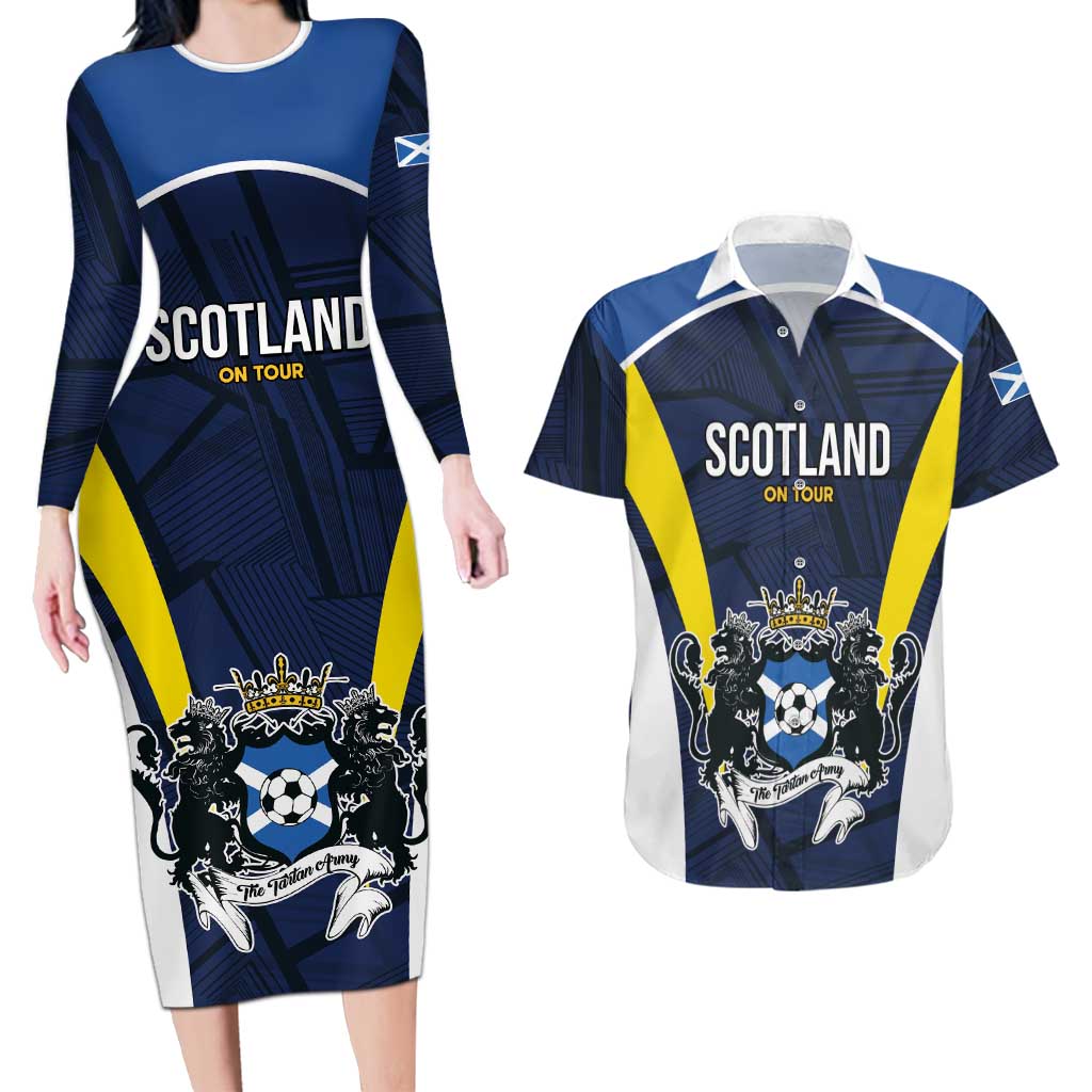 Custom Football Scotland On Tour 2026 Couples Matching Long Sleeve Bodycon Dress and Hawaiian Shirt Tartan Scottish Army Be Coming - Wonder Print Shop