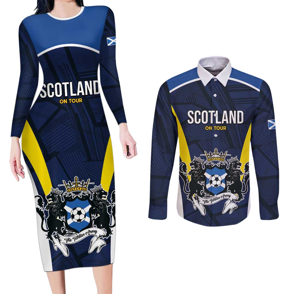 Custom Football Scotland On Tour 2026 Couples Matching Long Sleeve Bodycon Dress and Long Sleeve Button Shirt Tartan Scottish Army Be Coming - Wonder Print Shop