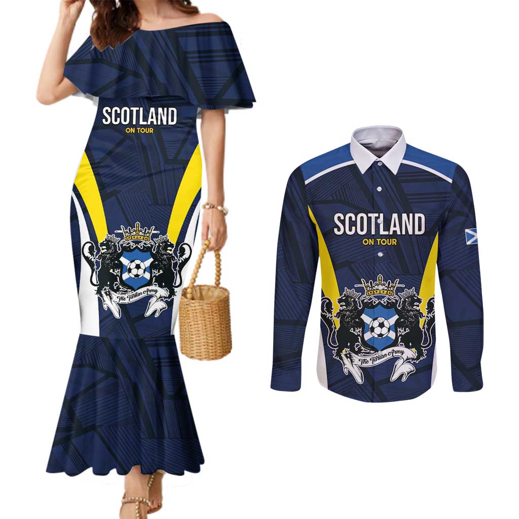 Custom Football Scotland On Tour 2026 Couples Matching Mermaid Dress and Long Sleeve Button Shirt Tartan Scottish Army Be Coming - Wonder Print Shop