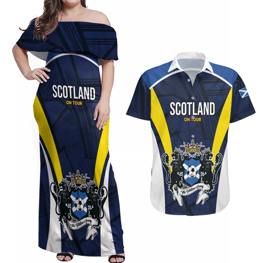Custom Football Scotland On Tour 2026 Couples Matching Off Shoulder Maxi Dress and Hawaiian Shirt Tartan Scottish Army Be Coming - Wonder Print Shop