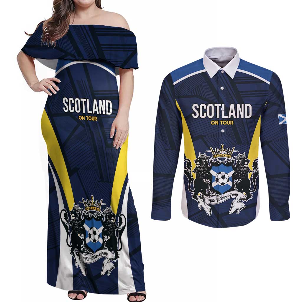 Custom Football Scotland On Tour 2026 Couples Matching Off Shoulder Maxi Dress and Long Sleeve Button Shirt Tartan Scottish Army Be Coming - Wonder Print Shop