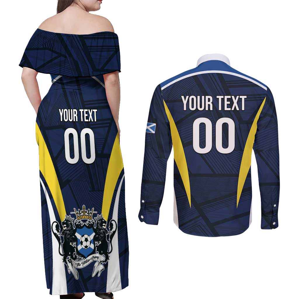 Custom Football Scotland On Tour 2026 Couples Matching Off Shoulder Maxi Dress and Long Sleeve Button Shirt Tartan Scottish Army Be Coming - Wonder Print Shop