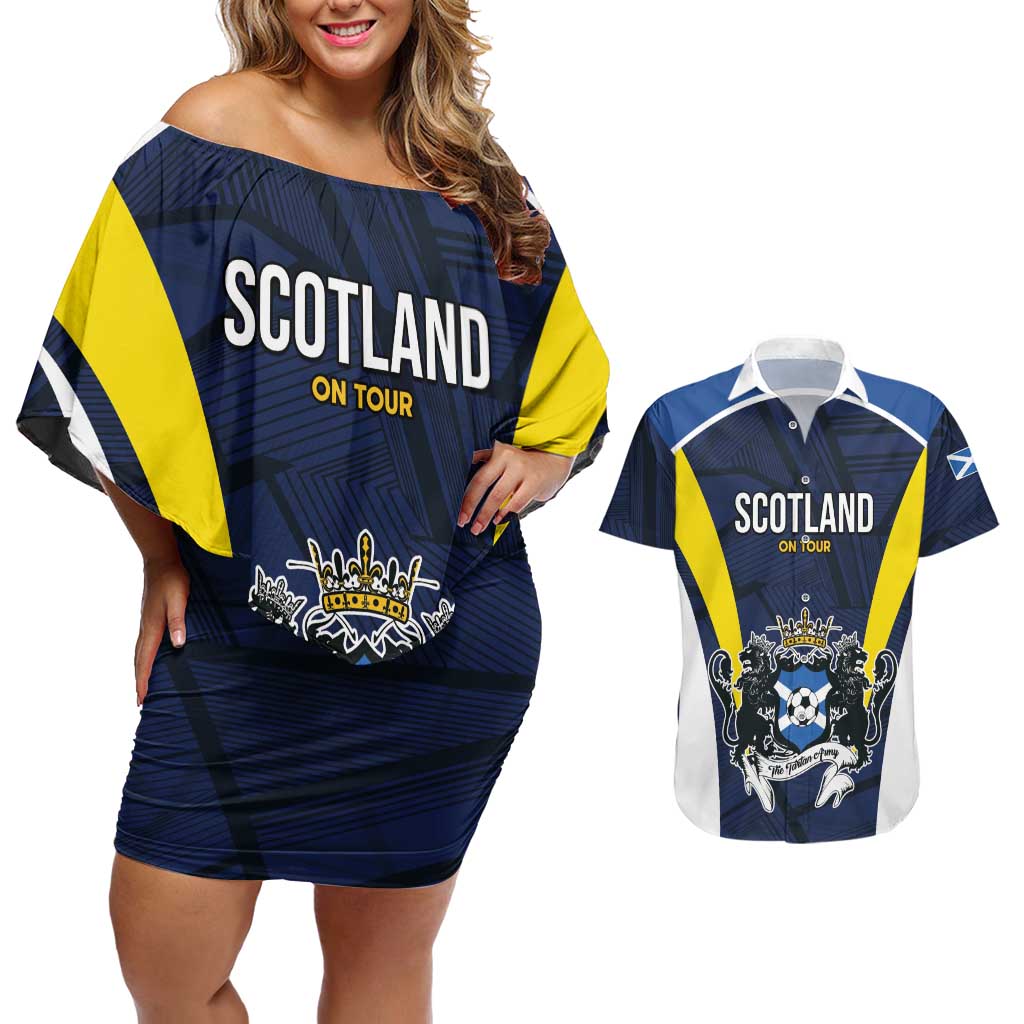 Custom Football Scotland On Tour 2026 Couples Matching Off Shoulder Short Dress and Hawaiian Shirt Tartan Scottish Army Be Coming - Wonder Print Shop