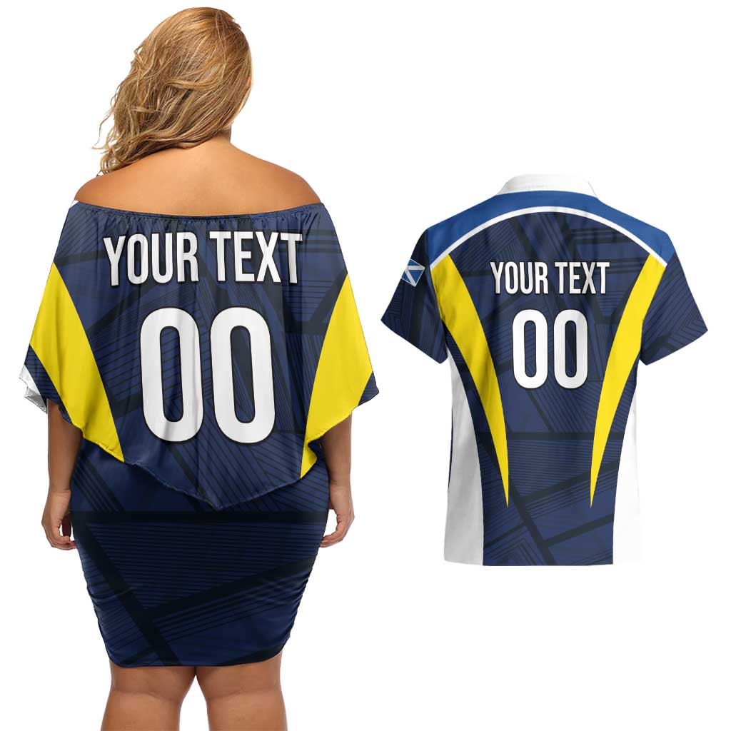 Custom Football Scotland On Tour 2026 Couples Matching Off Shoulder Short Dress and Hawaiian Shirt Tartan Scottish Army Be Coming - Wonder Print Shop