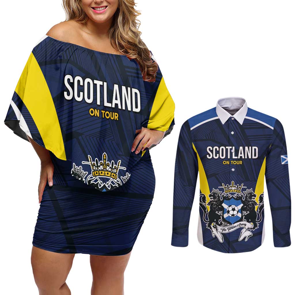 Custom Football Scotland On Tour 2026 Couples Matching Off Shoulder Short Dress and Long Sleeve Button Shirt Tartan Scottish Army Be Coming - Wonder Print Shop