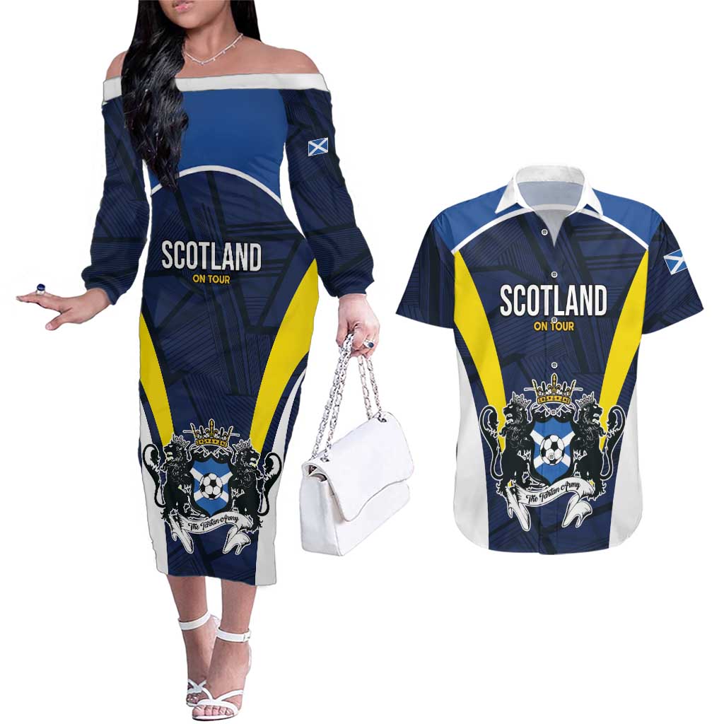 Custom Football Scotland On Tour 2026 Couples Matching Off The Shoulder Long Sleeve Dress and Hawaiian Shirt Tartan Scottish Army Be Coming - Wonder Print Shop