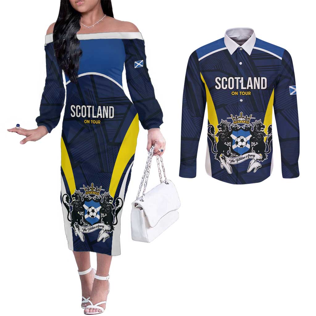 Custom Football Scotland On Tour 2026 Couples Matching Off The Shoulder Long Sleeve Dress and Long Sleeve Button Shirt Tartan Scottish Army Be Coming - Wonder Print Shop