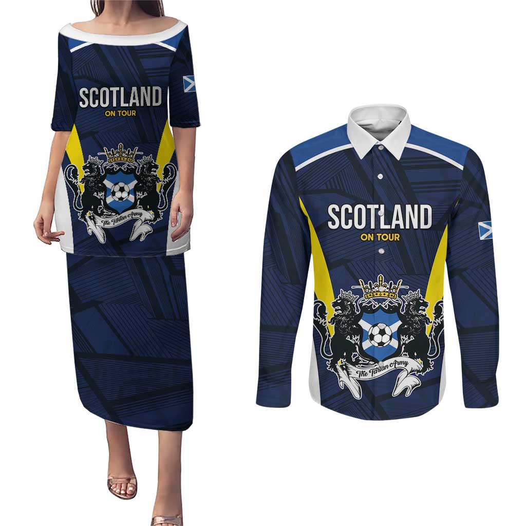 Custom Football Scotland On Tour 2026 Couples Matching Puletasi and Long Sleeve Button Shirt Tartan Scottish Army Be Coming - Wonder Print Shop