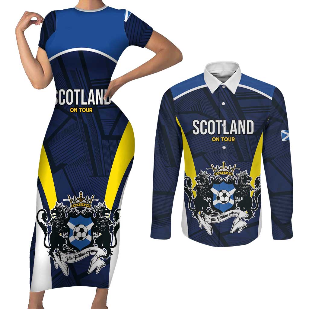 Custom Football Scotland On Tour 2026 Couples Matching Short Sleeve Bodycon Dress and Long Sleeve Button Shirt Tartan Scottish Army Be Coming - Wonder Print Shop