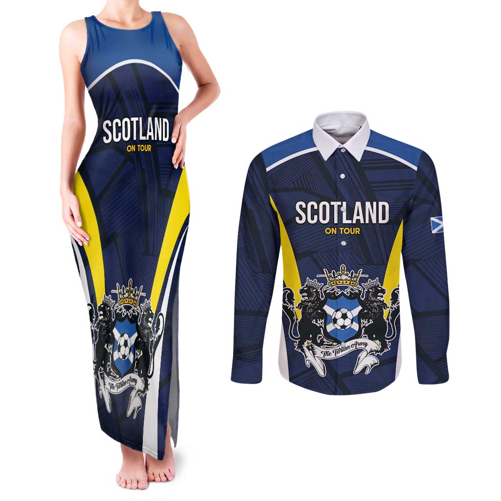 Custom Football Scotland On Tour 2026 Couples Matching Tank Maxi Dress and Long Sleeve Button Shirt Tartan Scottish Army Be Coming - Wonder Print Shop