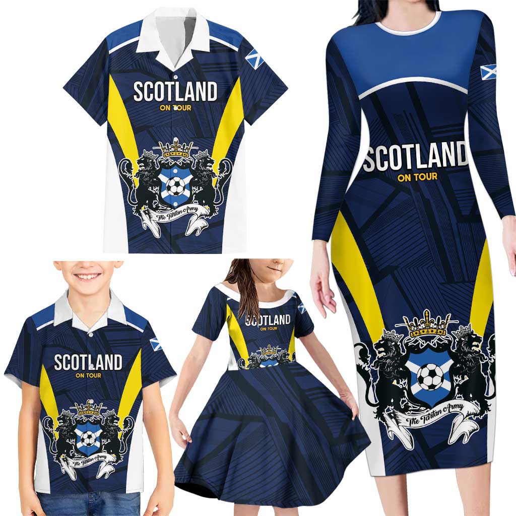 Custom Football Scotland On Tour 2026 Family Matching Long Sleeve Bodycon Dress and Hawaiian Shirt Tartan Scottish Army Be Coming - Wonder Print Shop