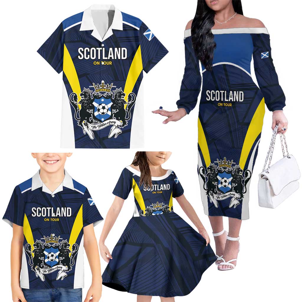 Custom Football Scotland On Tour 2026 Family Matching Off The Shoulder Long Sleeve Dress and Hawaiian Shirt Tartan Scottish Army Be Coming - Wonder Print Shop