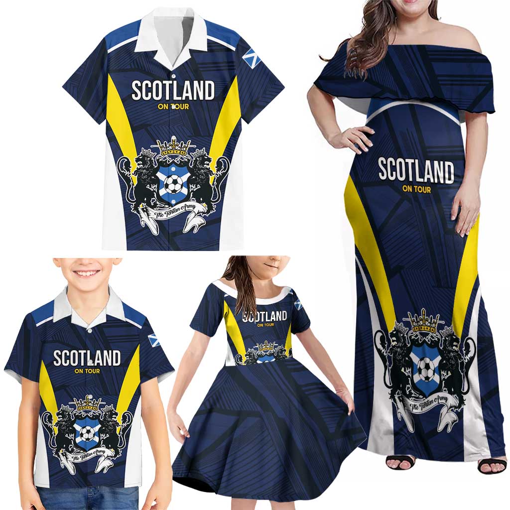 Custom Football Scotland On Tour 2026 Family Matching Off Shoulder Maxi Dress and Hawaiian Shirt Tartan Scottish Army Be Coming - Wonder Print Shop