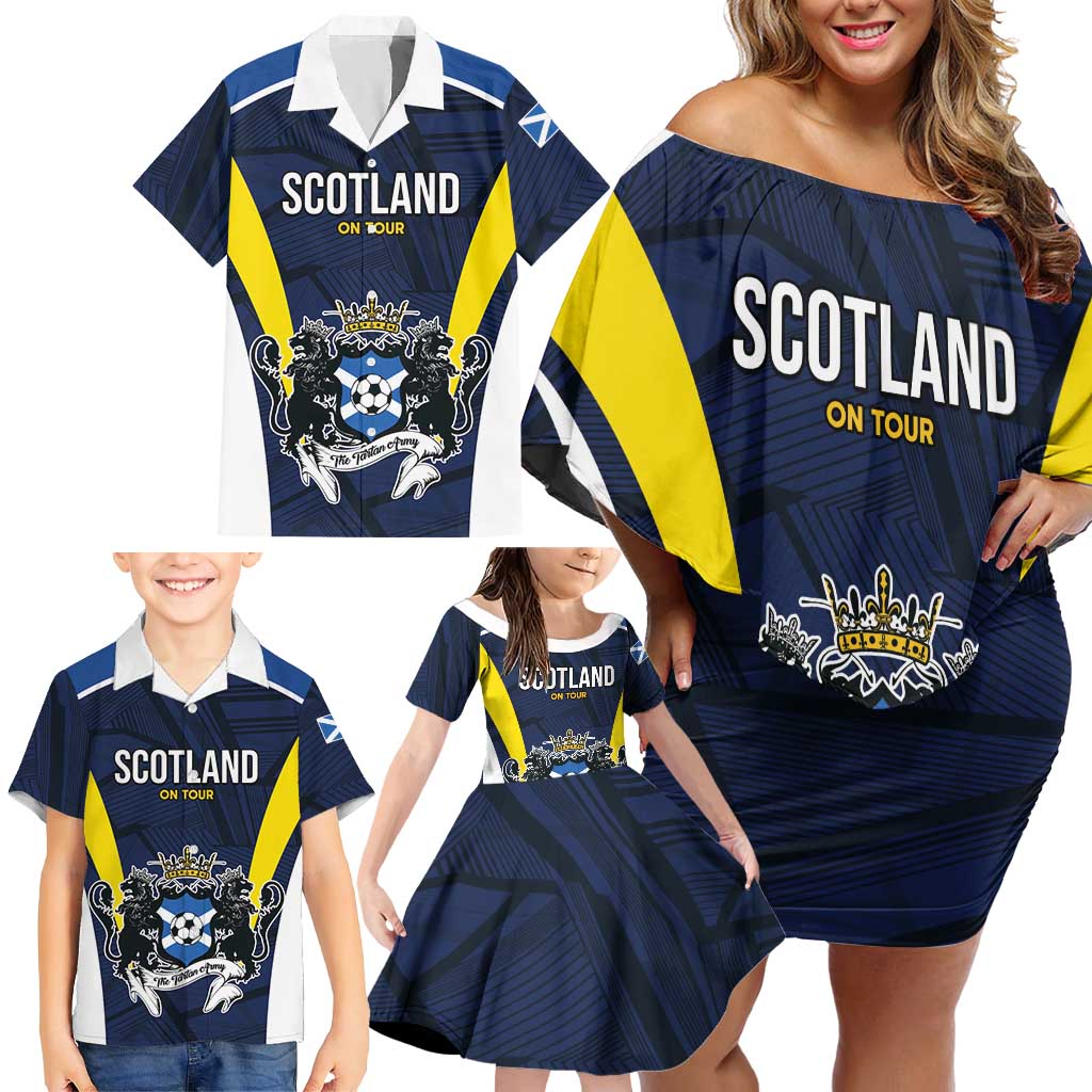 Custom Football Scotland On Tour 2026 Family Matching Off Shoulder Short Dress and Hawaiian Shirt Tartan Scottish Army Be Coming - Wonder Print Shop