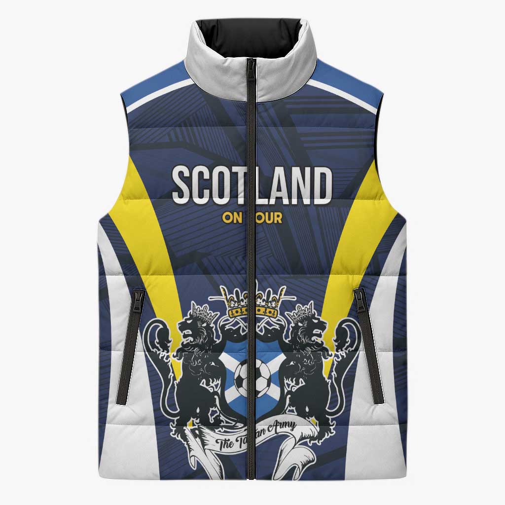 Custom Football Scotland On Tour 2026 Sleeveless Puffer Jacket Tartan Scottish Army Be Coming - Wonder Print Shop