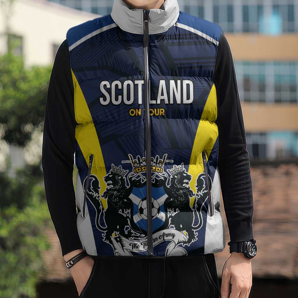 Custom Football Scotland On Tour 2026 Sleeveless Puffer Jacket Tartan Scottish Army Be Coming - Wonder Print Shop