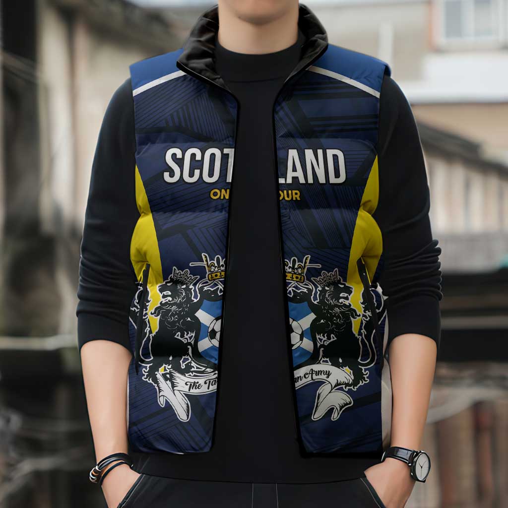 Custom Football Scotland On Tour 2026 Sleeveless Puffer Jacket Tartan Scottish Army Be Coming - Wonder Print Shop