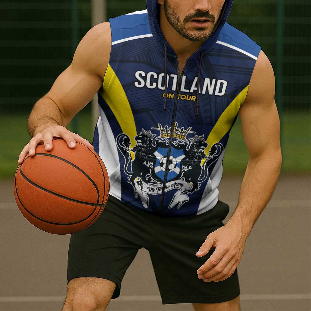 Custom Football Scotland On Tour 2026 Sleeveless Zip Hoodie Tartan Scottish Army Be Coming - Wonder Print Shop