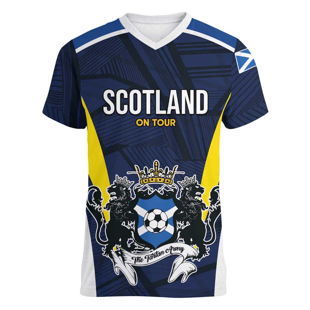 Custom Football Scotland On Tour 2026 Women V-Neck T-Shirt Tartan Scottish Army Be Coming - Wonder Print Shop