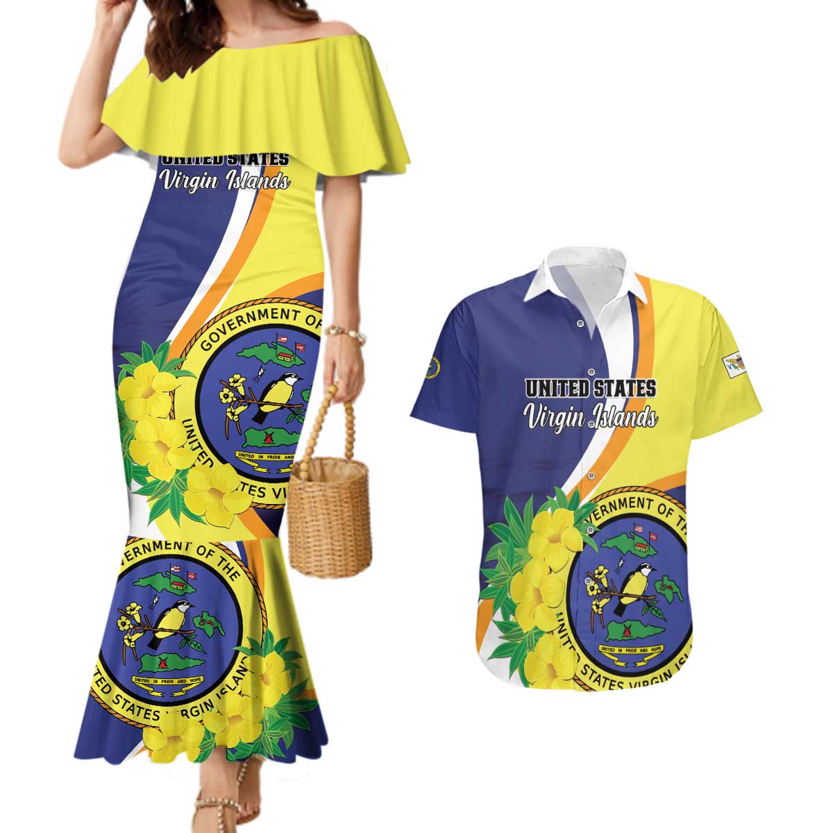Personalized United States Virgin Islands Couples Matching Mermaid Dress and Hawaiian Shirt United in Pride and Hope