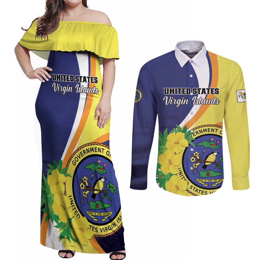 Personalized United States Virgin Islands Couples Matching Off Shoulder Maxi Dress and Long Sleeve Button Shirt United in Pride and Hope