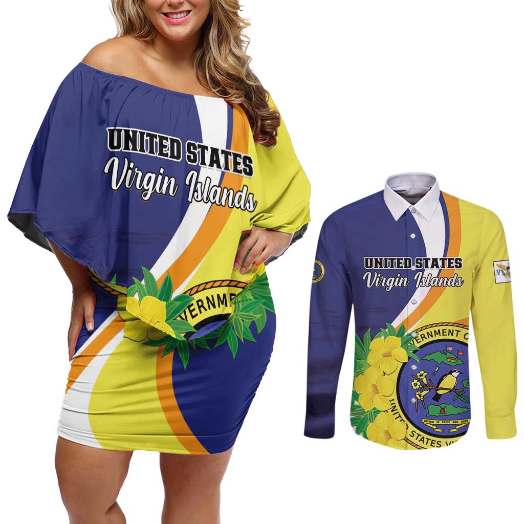 Personalized United States Virgin Islands Couples Matching Off Shoulder Short Dress and Long Sleeve Button Shirt United in Pride and Hope
