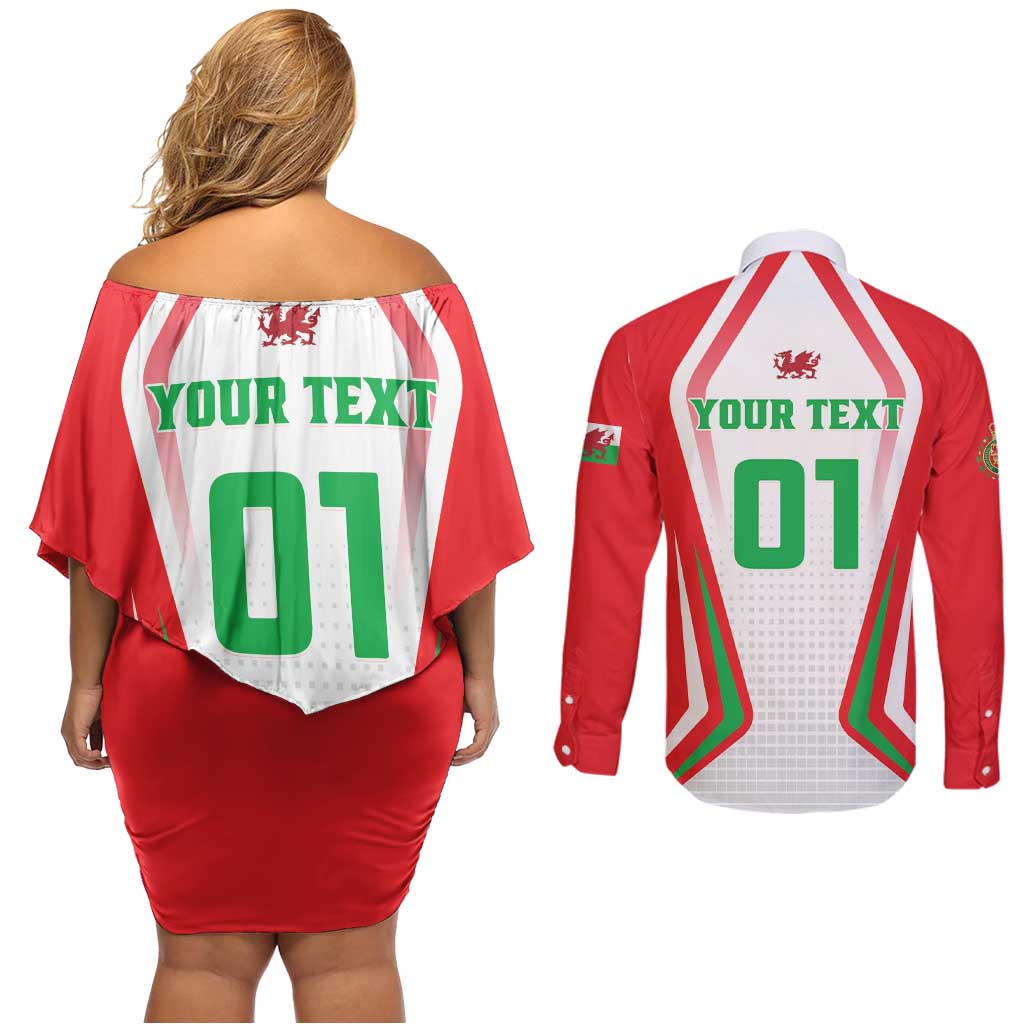 Custom Welsh Rugby Couples Matching Off Shoulder Short Dress and Long Sleeve Button Shirt Wales Red Dragon Champions