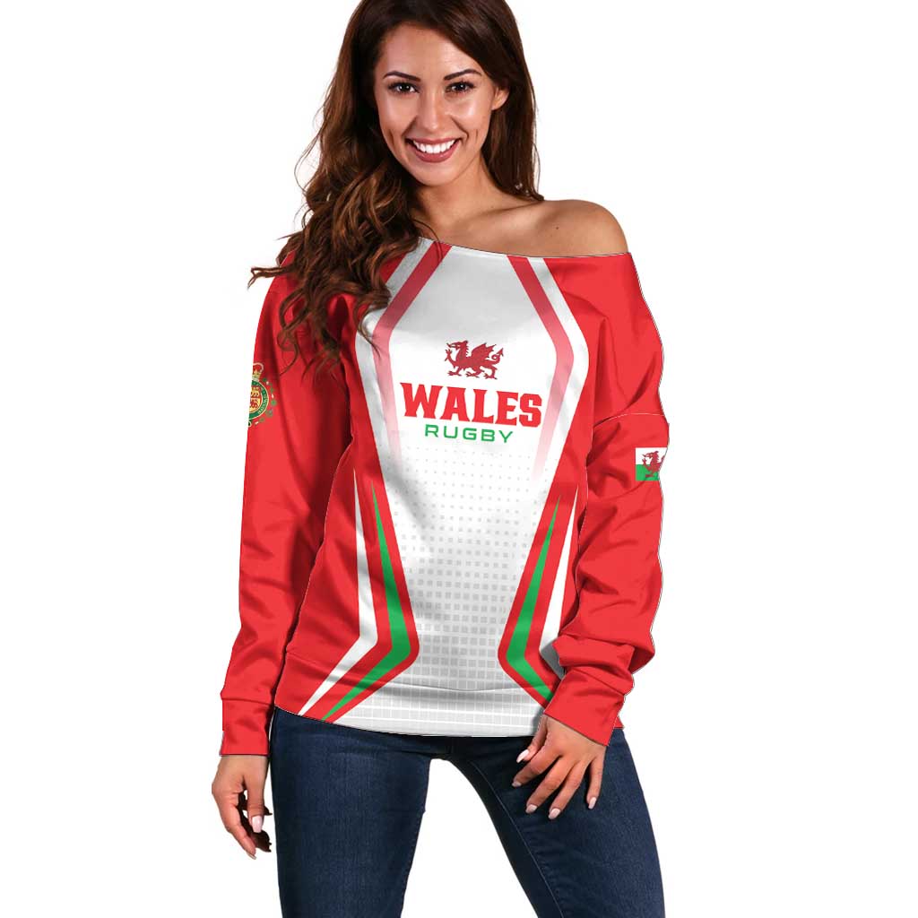 Custom Welsh Rugby Off Shoulder Sweater Wales Red Dragon Champions