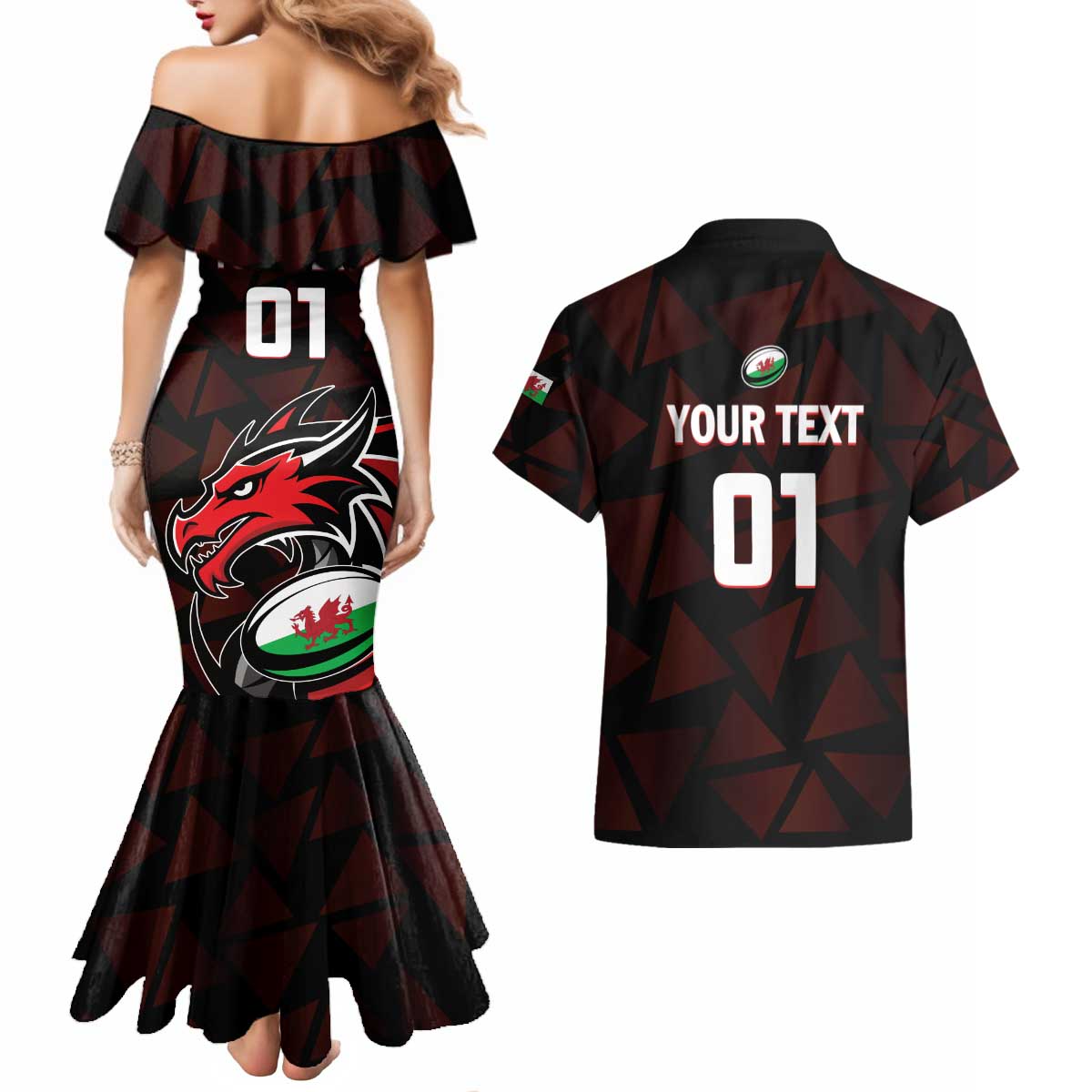 Custom Wales Rugby Couples Matching Mermaid Dress and Hawaiian Shirt Cymru Y Ddraig Goch
