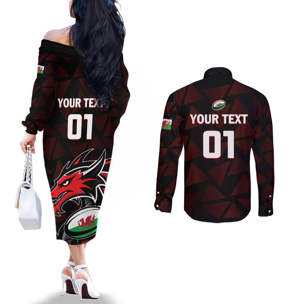 Custom Wales Rugby Couples Matching Off The Shoulder Long Sleeve Dress and Long Sleeve Button Shirt Cymru Y Ddraig Goch
