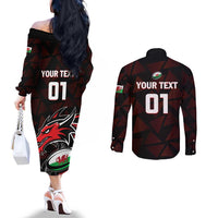 Custom Wales Rugby Couples Matching Off The Shoulder Long Sleeve Dress and Long Sleeve Button Shirt Cymru Y Ddraig Goch