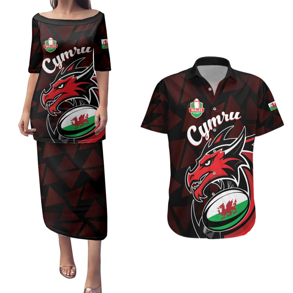 Custom Wales Rugby Couples Matching Puletasi and Hawaiian Shirt Cymru Y Ddraig Goch