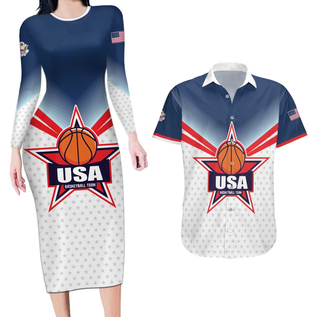 Custom USA Basketball Team Couples Matching Long Sleeve Bodycon Dress and Hawaiian Shirt Shine Like Stars