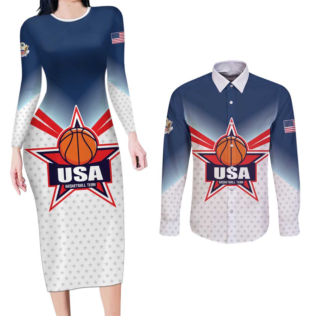 Custom USA Basketball Team Couples Matching Long Sleeve Bodycon Dress and Long Sleeve Button Shirt Shine Like Stars