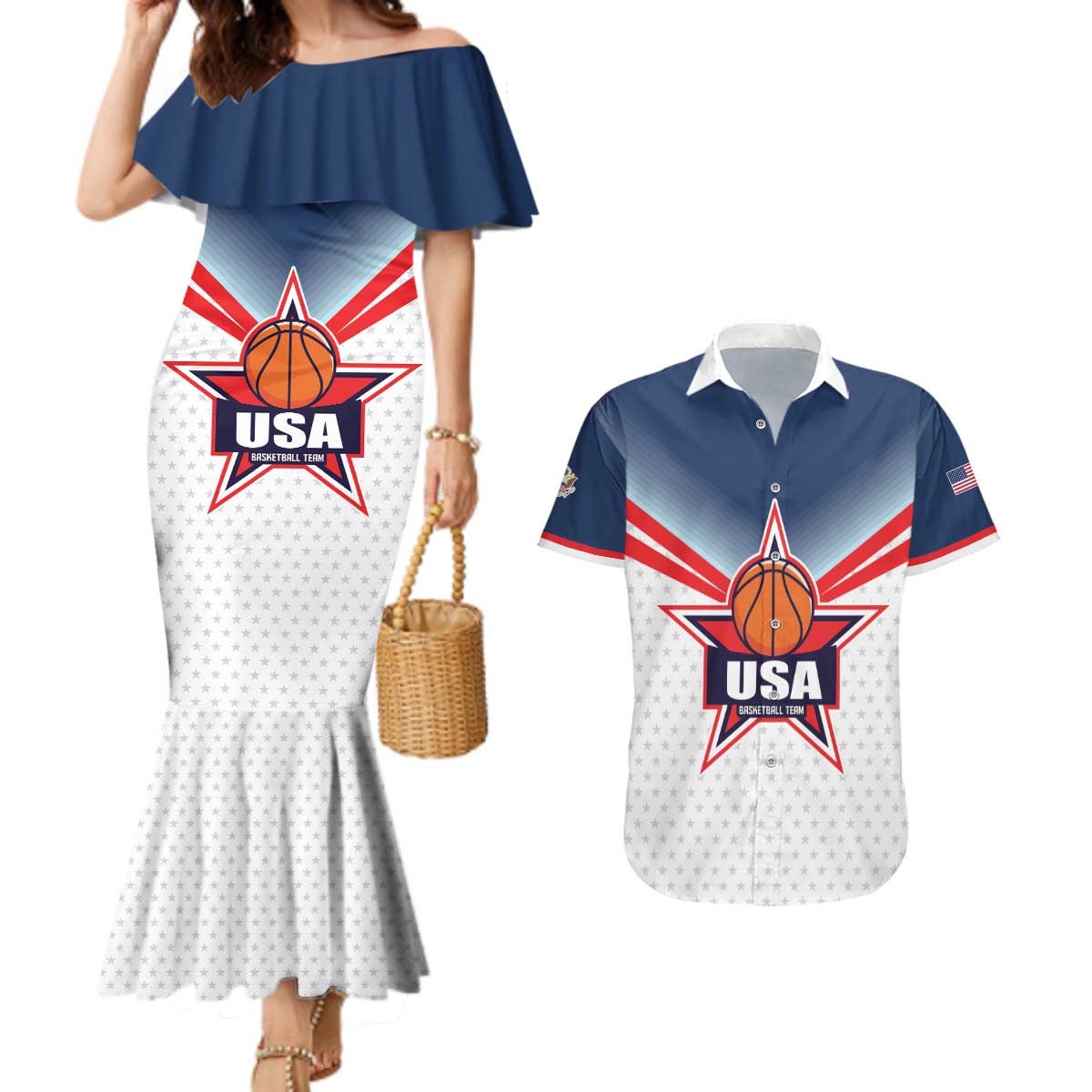 Custom USA Basketball Team Couples Matching Mermaid Dress and Hawaiian Shirt Shine Like Stars