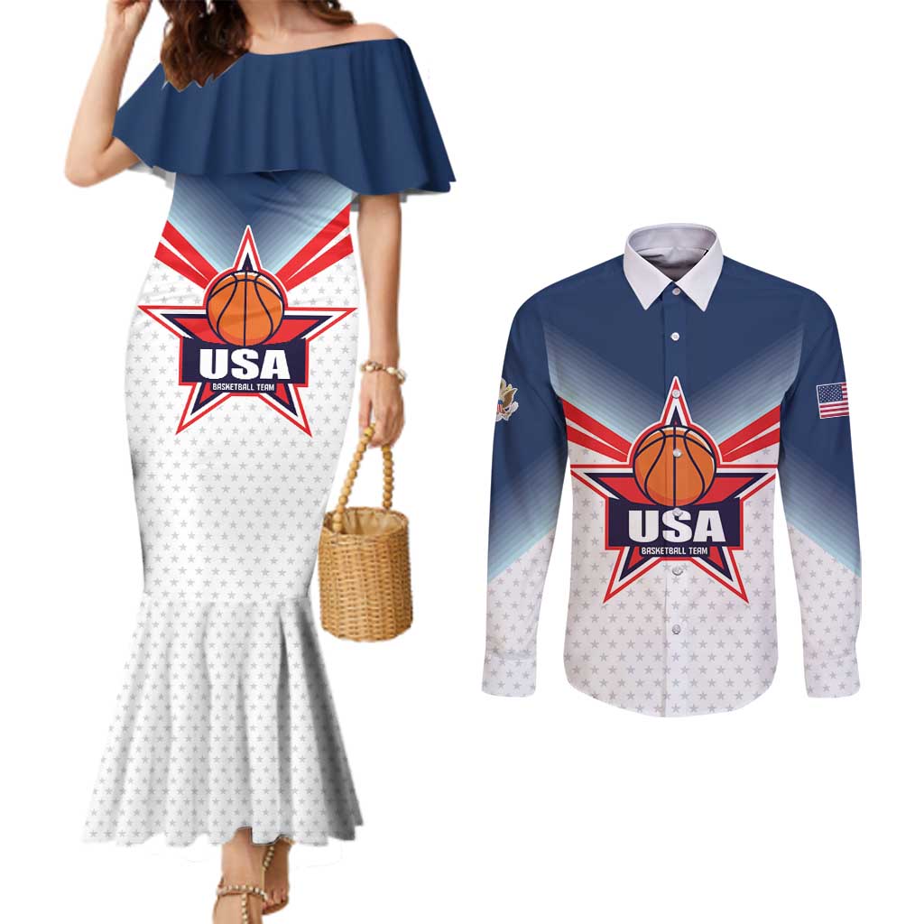 Custom USA Basketball Team Couples Matching Mermaid Dress and Long Sleeve Button Shirt Shine Like Stars